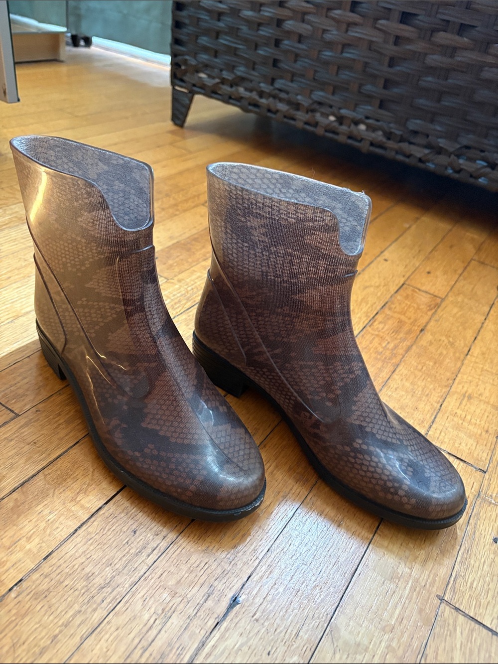 Brown Snake-Print Rain Ankle Boots - Women's